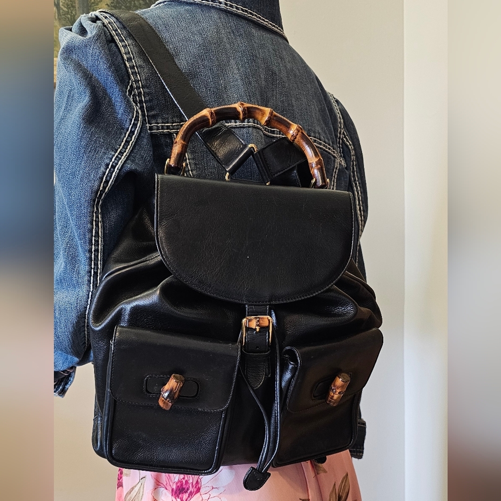 Gucci Black Leather Backpack with Bamboo Accents - Picture 13 of 15